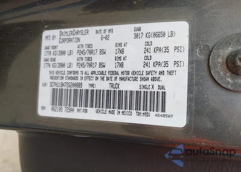 2002 Dodge Ram 1500 St из США, поврежденный, VIN 3D7HU18N72G200889